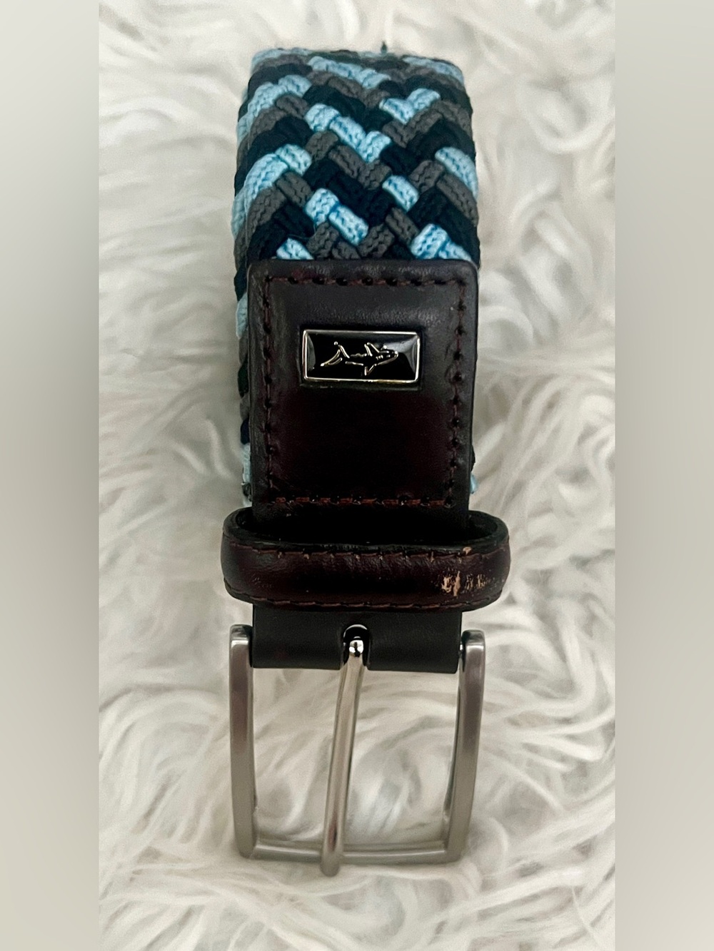 Greg Norman Men’s Braided Leather & Blue Woven Belt with Silver Buckle Sz 36